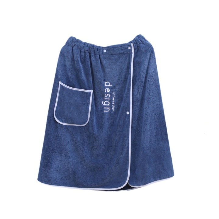 Мъжка хавлия за баня Miraza, първокласен микрофибър, бързосъхнеща, супер абсорбираща, с джоб и регулируем ластик, скоби, идеална за баня и спа, 140x70 см, синя