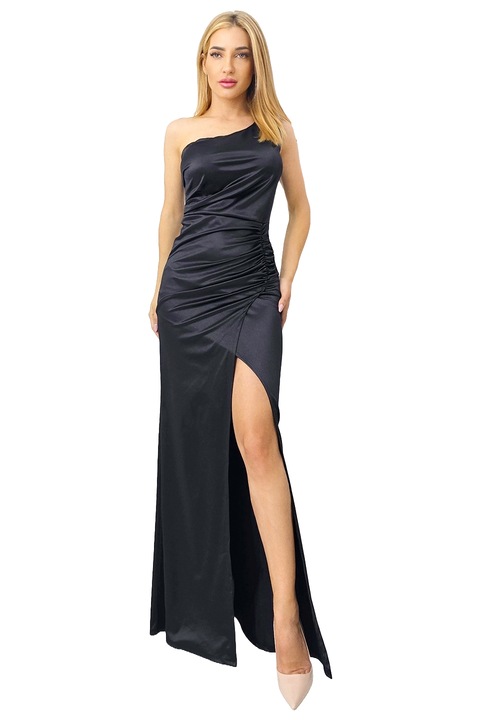 Rochie satinata de seara, JoeLLe, cu detaliu floral si umarul gol, Negru, Marimea universala S/M