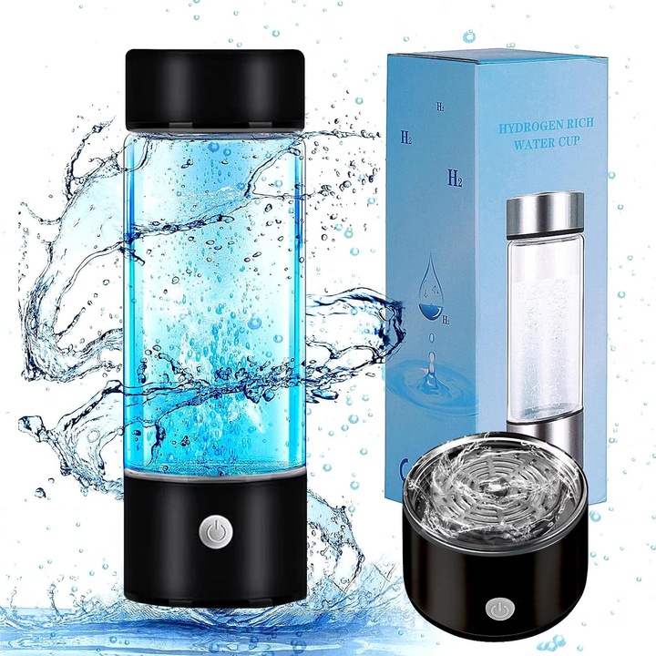 Sticla Generatoare de Apa Hidrogenata, VINTOP®, Ionizata si Plasmatica, 420 ml, Concentratie de hidrogen de pana la 1300-1600 ppb, Alcalina, Terapeutica, Alimentare USB, LED, Negru Denim