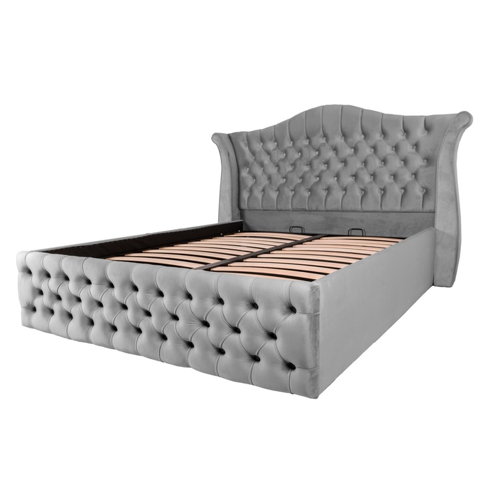 Pat dublu tapitat Houston 180/200 gri deschis, cu somiera metalica rabatabila si spatiu de depozitare