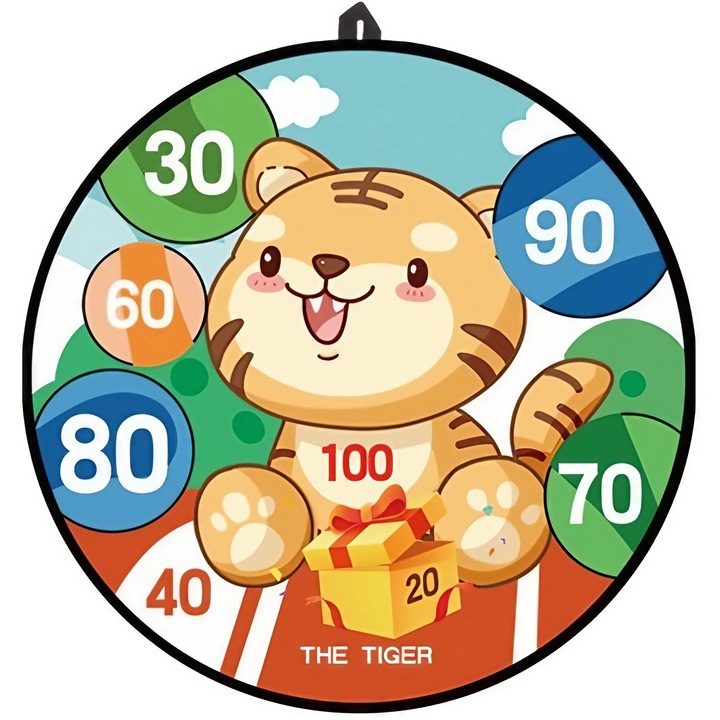 Darts gyerekeknek, összecsukható tábla 36,5 cm, 8 tépőzáras golyó/egyszerű mérleg, 2 világító golyó, tigris minta, narancs, avaleaa