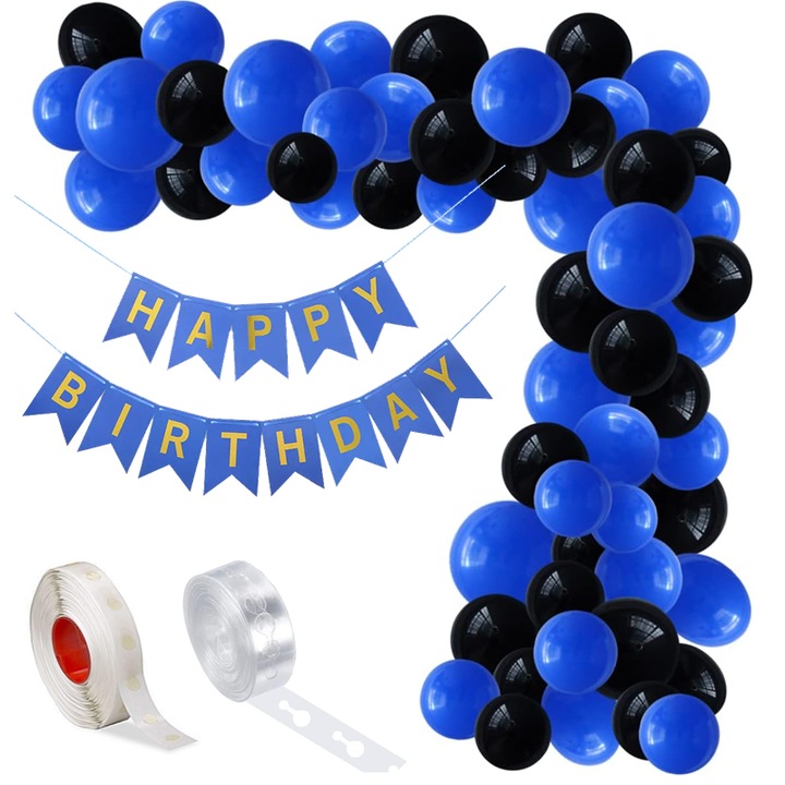 Set aranjament baloane pentru arcada, ghirlanda Happy Birthday, 115 buc, albastru si negru