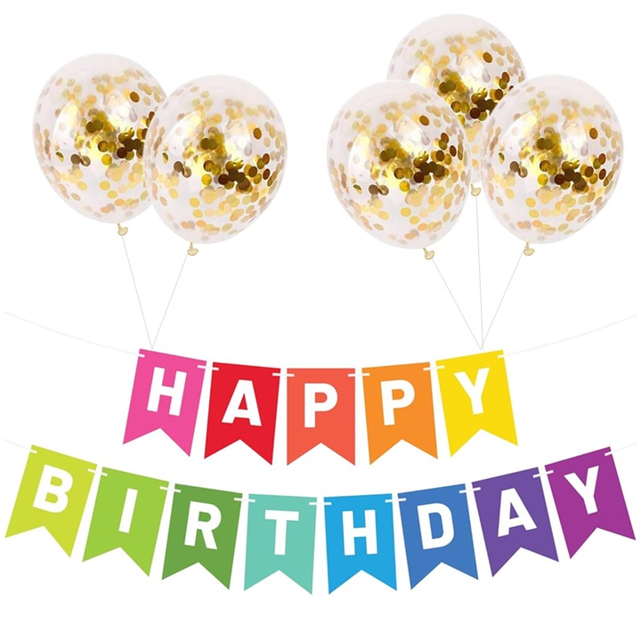 Set 5 baloane confetti auriu si banner Happy Birthday multicolor