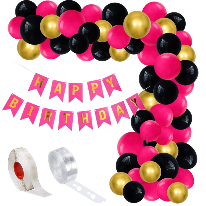 Set aranjament baloane pentru arcada, ghirlanda Happy Birthday, 115 buc, roz, negru si auriu