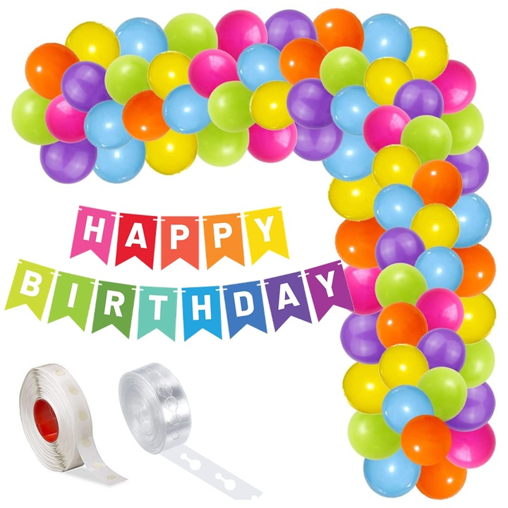 Set aranjament baloane pentru arcada, ghirlanda Happy Birthday, 115 buc, multicolor