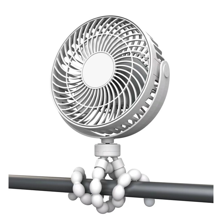 Hordozható babakocsi ventilátor, levehető állvánnyal rugalmas, 3 sebesség, újratölthető, fehér, 16,5x16x6,5 cm