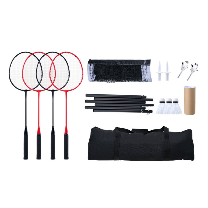 Set badminton, volei, fileu, 4 x rachete, 3 x fluturasi, 6060x1550x1030 mm, portabil, geanta transport, inaltime reglabila 914-1554 mm