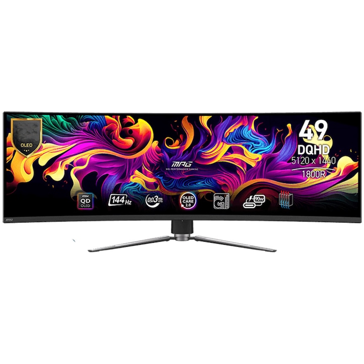 Monitor Gaming MSI MPG 491CQP QD-OLED, 49", DQHD, Curved 1800R, 144 Hz, Display Port & 2 HDMI & USB Type C, 1 ms, GI (Gaming Intelligence), Night Vision, KVM, Pivot