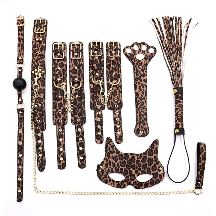 Set BDSM Lusinus, 7 piese, piele cu model leopard, pentru adulti