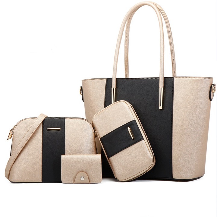 Комплект дамска чанта, Малка чанта, Несесер, Визитник, 33x28x12, Еко кожа, Бежово черен, 4 Части