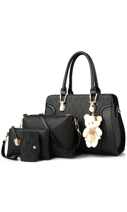 Комплект дамска чанта, Малка чанта, Несесер, Визитник, 32x25x15, Еко кожа, Черен, 4 Части