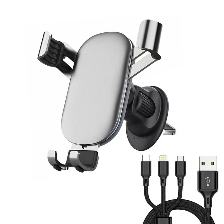 Tinuzo autós tartó, szellőző kapocs, 360 fokos forgás, 3 az 1-ben töltőkábel, 4 láb, fekete