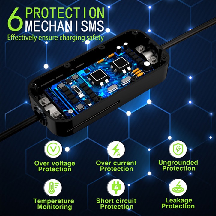 Mobil EV töltő állítható 2 az 1-ben Type2, Qoltec, 3.5kW, 230V, Wi-fi, LCD, Hordozható, Wallbox, 5m