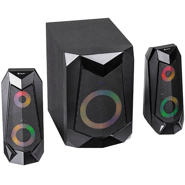 Високоговорители, JTI, 2.1 система със субуфер, RGB осветление, Bluetooth, 35Hz-20kHz, Черен