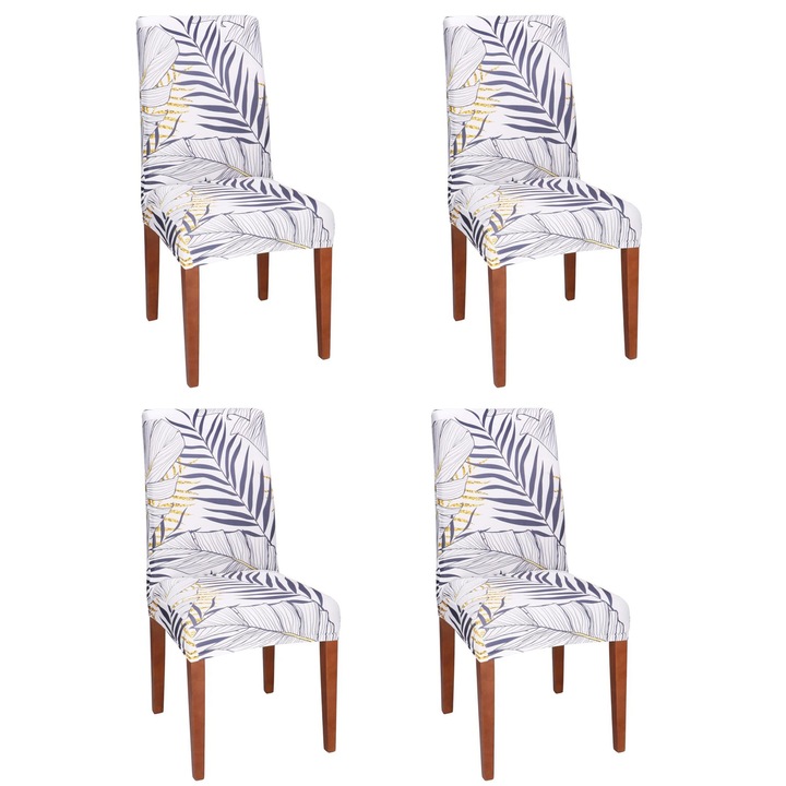 Set 4 huse pentru scaun, marime universala, poliester si spandex, 38x70cm, alb, nuante de bleumarin, galben