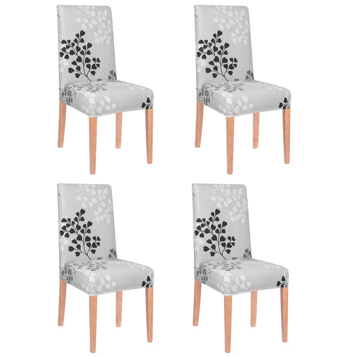 Set 4 huse universale pentru scaun, marime universala, poliester si spandex, 45 x 60 cm, gri floral