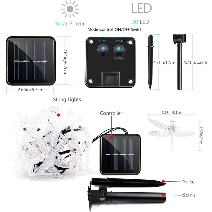 Lampi solare cu sirag de libelule, solare, 30 LED-uri, multicolor, rezistente la intemperii