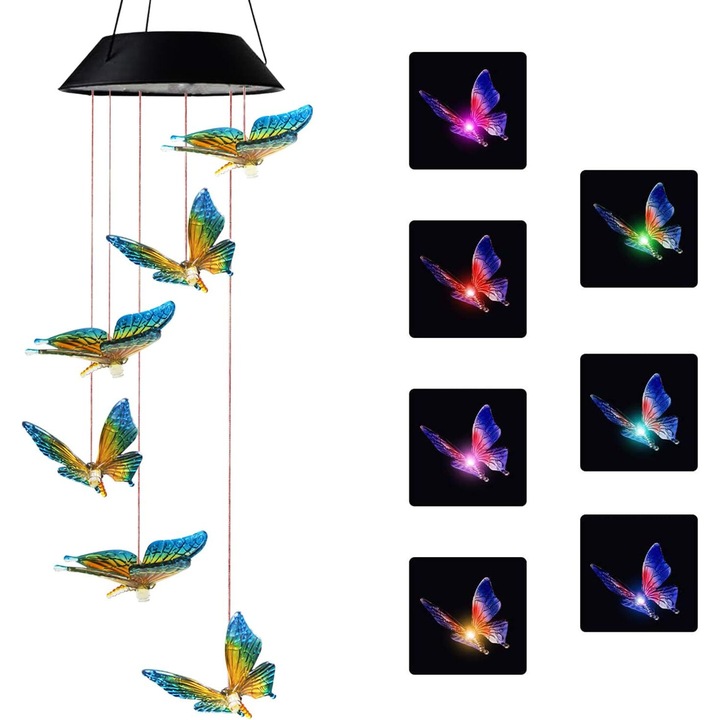 Lampa solara Enforose, cu schimbare de culoare, plastic, pentru agatat in aer liber, senzor de lumina sensibil asigura iluminarea automata, model fluturi