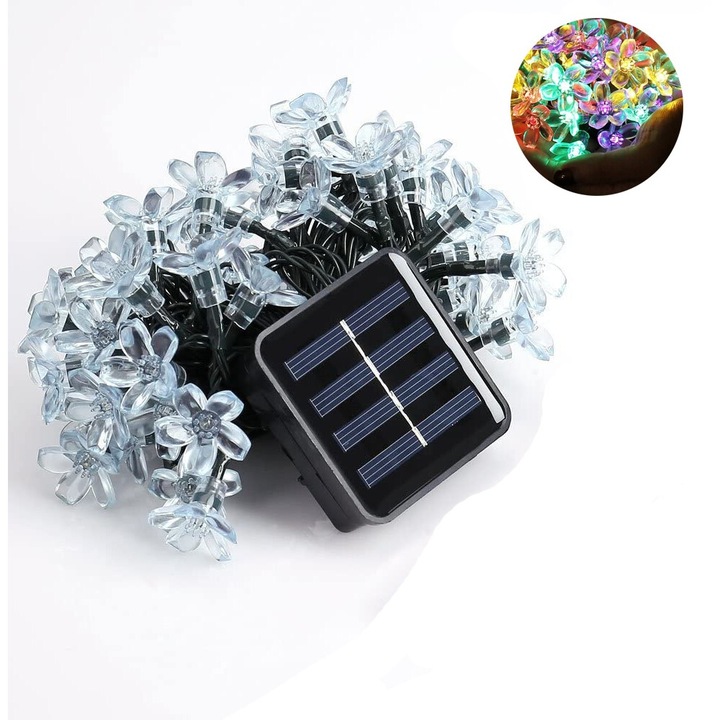 Lumina solara cu flori de cires, Bizaical, 50 LED-uri, waterproof, 7m