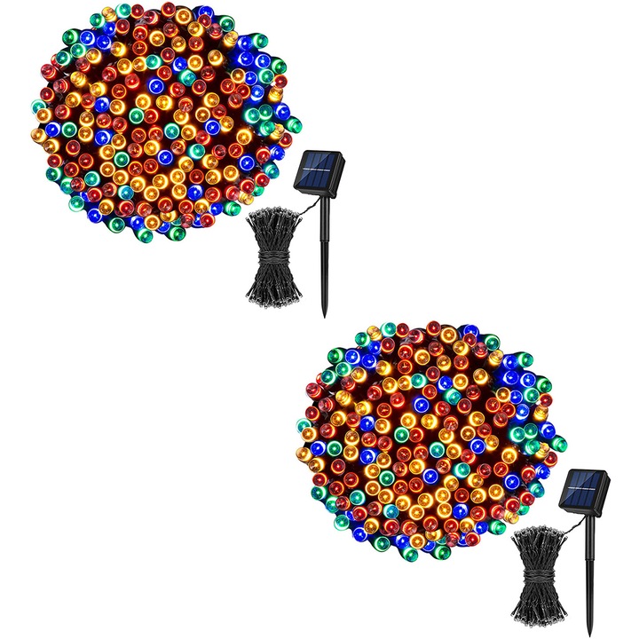 Set de 2 Lampi Solare Cozevdnt, 100 LED-uri, 8 Moduri de Iluminare, Multicolor, Plastic