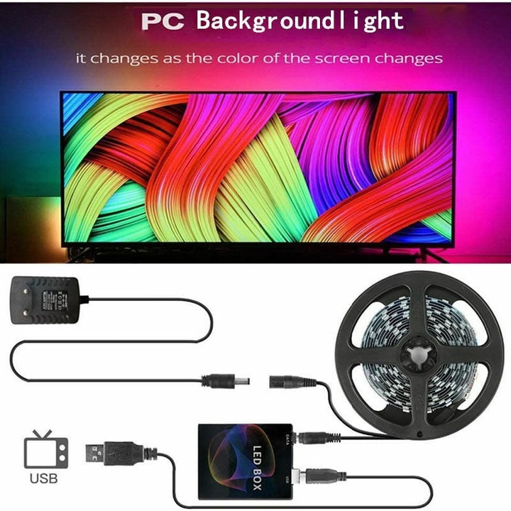 Set iluminare fundal TV, LED RGB, autoadeziv, pentru 40-60 inch, USB, multicolor, 3m