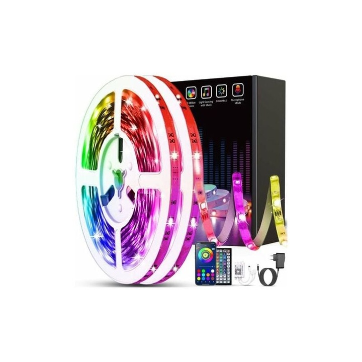 Banda LED 30m, sincronizare muzica, control prin aplicatie, multicolor, Clasa Energetica A+