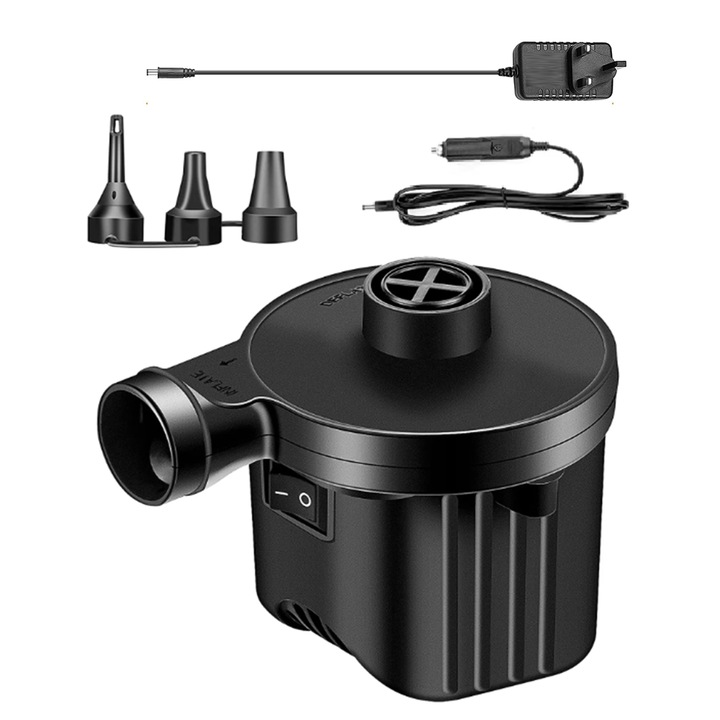Електрическа помпа SIKS за надуване и изпускане на матраци, 3 дюзи, 240 V, 12 V DC, бутон за включване / изключване, преносима, черна, PLUG+auto