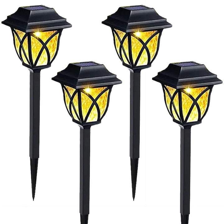 Set 4 lampi cu incarcare solara de exterior pentru gradina cu tarus, NEXTLY, lumina alba calda, acumulator incorporat, pentru decorarea gradinilor, curtilor, aleilor, vintage, negru
