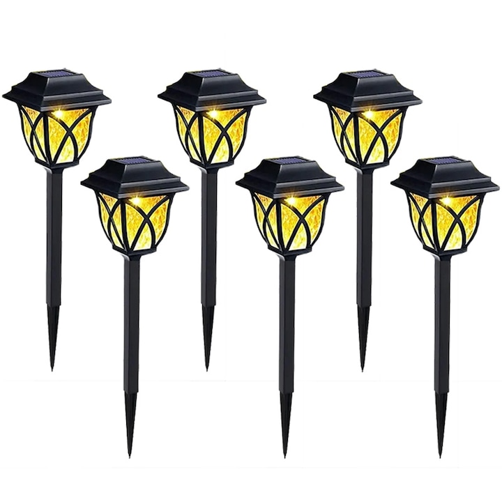 Set 6 lampi cu incarcare solara de exterior pentru gradina cu tarus, NEXTLY, lumina alba calda, acumulator incorporat, pentru decorarea gradinilor, curtilor, aleilor, vintage, negru