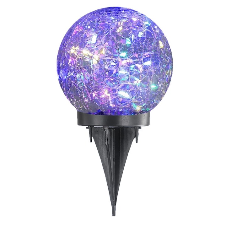 Lampa de exterior din sticla cu incarcare solara si senzor de lumina NEXTLY, pentru gradina/alee/scari, cu tarus/de sine statatoare, decorativa, 30 leduri multicolore, waterproof, rotunda