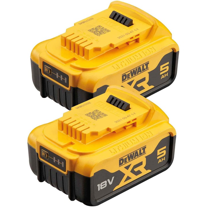 Комплект 2 батерии DeWALT DCB184P2 XR 18V 5 Ah Li-Ion, Множествена съвместимост, Бързо зареждане, Индикатор за нивото на зареждане, Съвместими с всички електроинструменти DeWALT 18V XR