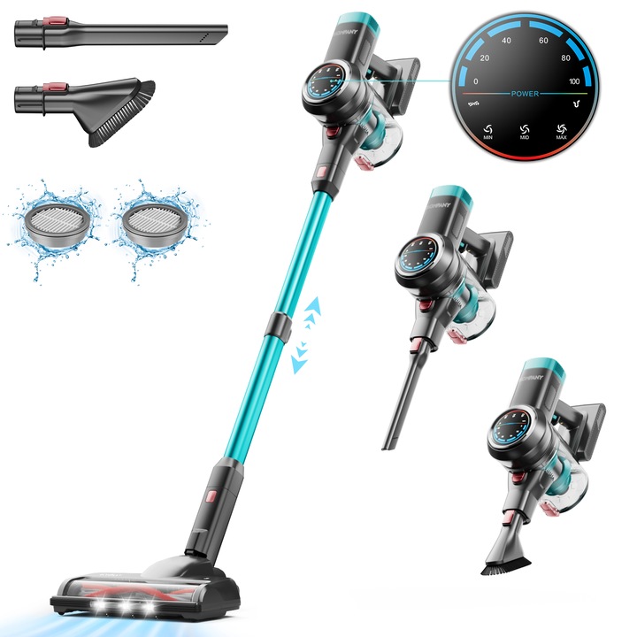 Hompany® SmartVac 12 függőleges porszívó, szívás 35kPa, 450W, müködési idő 60 perc, 22,2 V Li akkumulátor, 1,2 literes portartály, HEPA szűrő, nyomásfokozó funkció, LED képernyő, világítással, kék/fekete