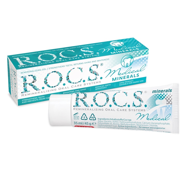Gel Medical R.O.C.S. Minerals, pentru copii si adulti, fara aroma, remineralizeaza dintii, sursa de calciu, fosfat si magneziu, 45g + Include Periuta ROCS - peri SOFT 3-7 ani