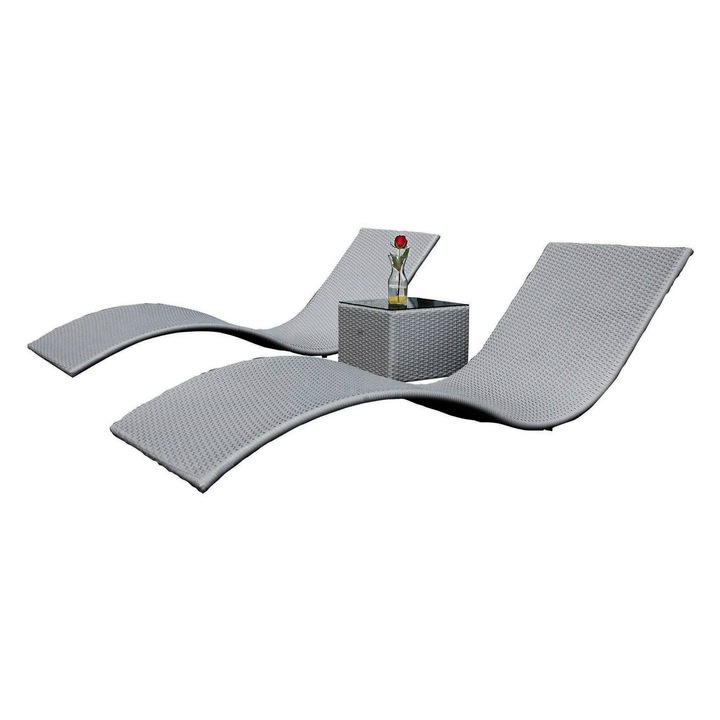 Set sezlonguri Bello Giardino, ratan, structura otel, gri, cu masa 40x40x32cm