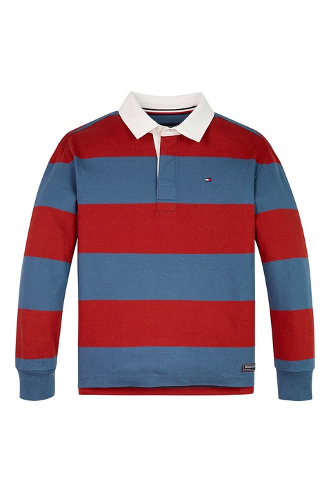 Tommy Hilfiger, Bluza din bumbac organic cu model in dungi si guler polo, Rosu/Albastru, 164 CM