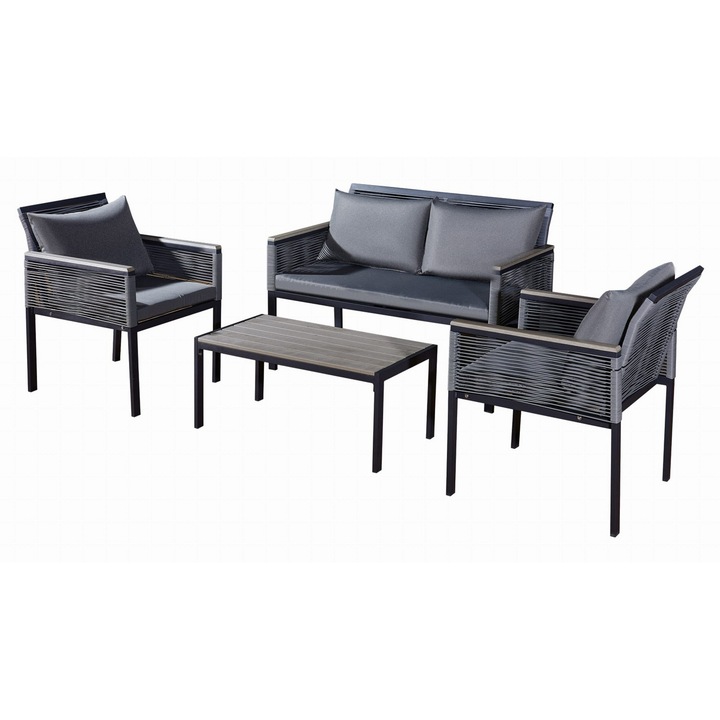 Set mobilier gradina Bello Giardino Corto, ratan, negru, 2 fotolii, canapea si masa, structura aluminiu