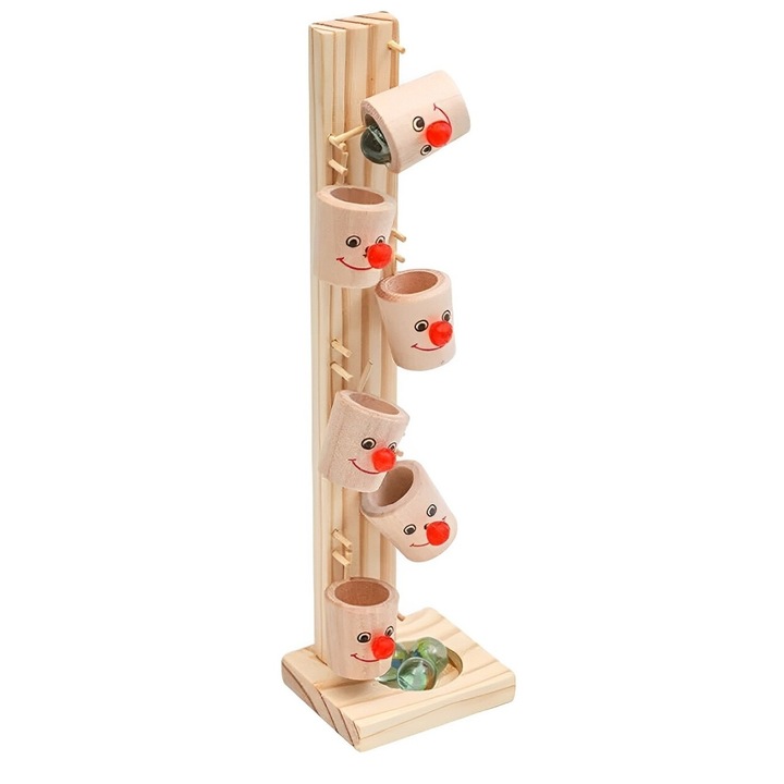 Ügyességi játék, gyerekeknek, fa, guruló labdával - Bohóc, 3+ éves, Barna