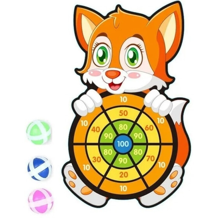 Játékkészlet, darts céltábla 3 golyóval, tépőzáras/scai anyag, róka modell, 31,5cm x 46,5 cm, Narancs