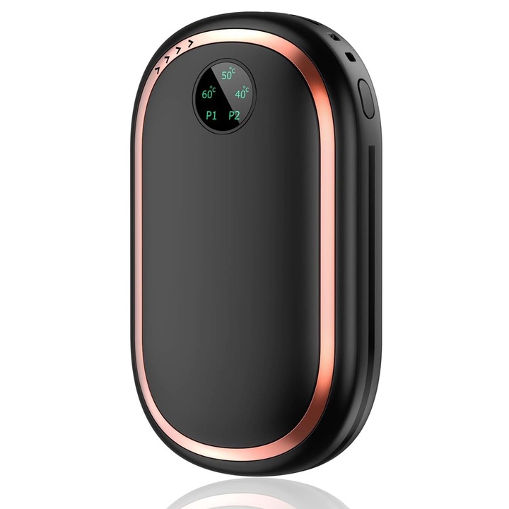 Акумулаторен нагревател за ръце, 10000mAh, бързо нагряване, 3 температурни нива, режим на залез, черен, с капак и USB кабел