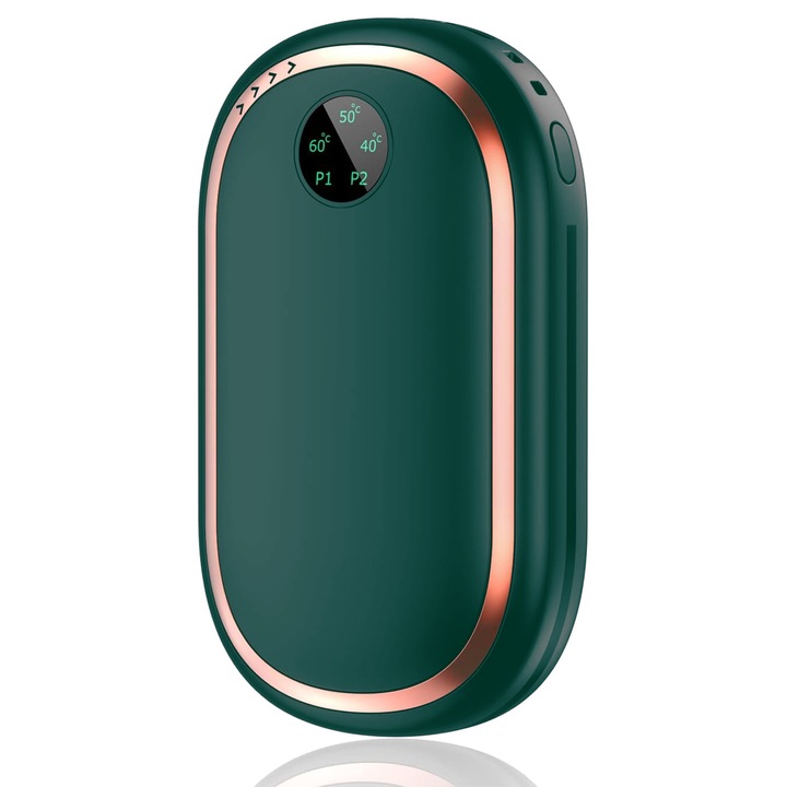 Акумулаторен нагревател за ръце, 10000mAh, бързо нагряване, 3 температурни нива, режим на залез, зелен, с капак и USB кабел