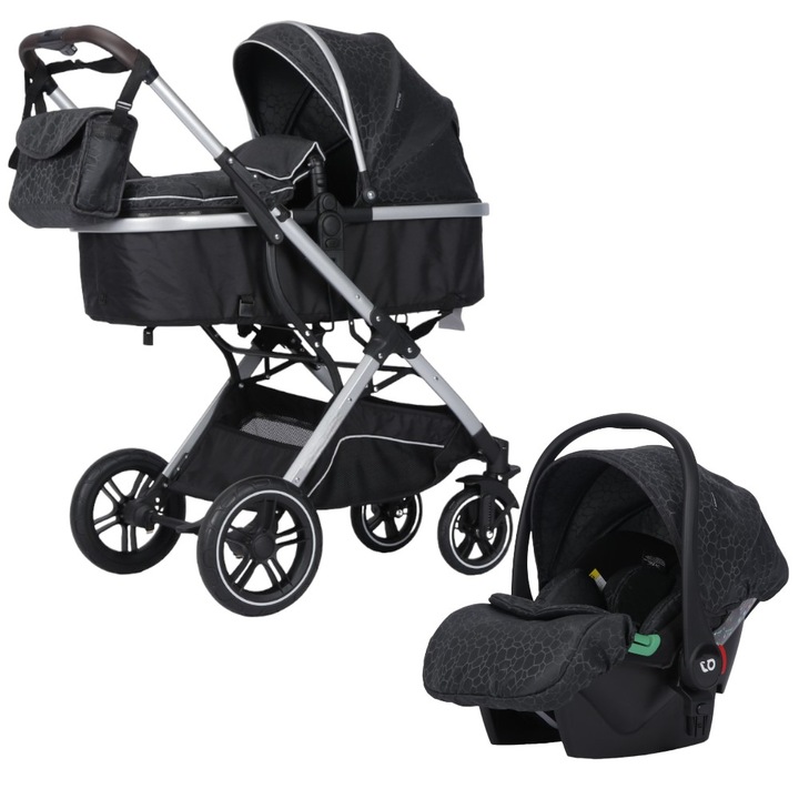 Carucior nou nascuti 3 in 1 NOVOKIDS™ H3100 series, Cu geanta bebe, Cadru Aluminiu, Amortizoare, Roti din cauciuc plin AVE, Landou, Scoica auto, Spatar reglabil 3 trepte, Plasa insecte, Negru cu Imprimeu