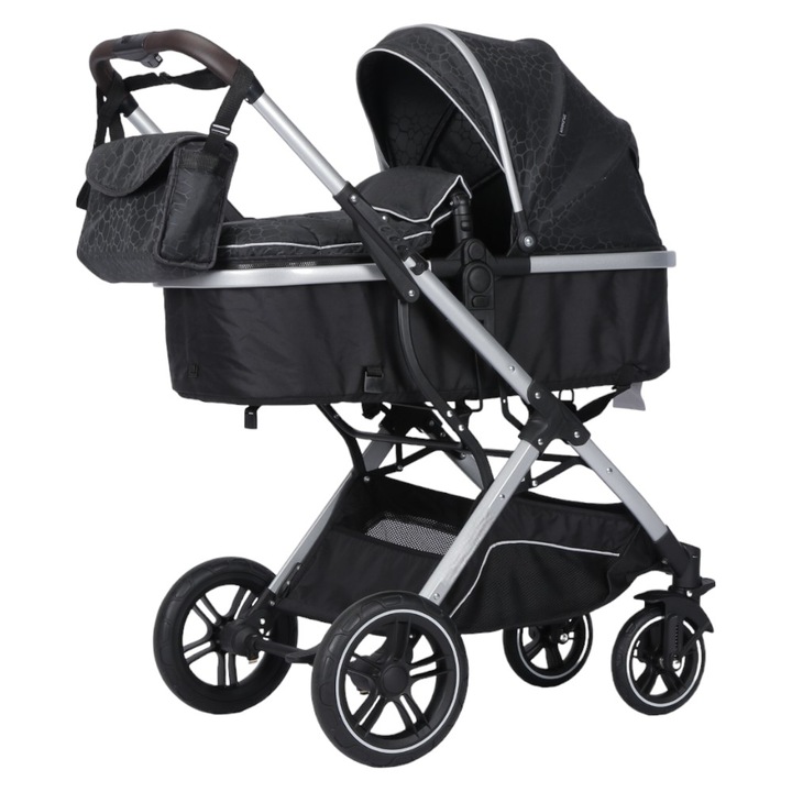 Carucior nou nascuti 2 in 1 NOVOKIDS™ H3100 series, Cu geanta bebe, Cadru Aluminiu, Amortizoare, Roti din cauciuc plin AVE, Landou, Spatar reglabil 3 trepte, Plasa insecte, Negru cu Imprimeu