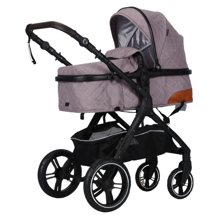 Количка за новородени 2 в 1 NOVOKIDS™ серия X1000, С бебешка чанта, Алуминиева рамка, Амортисьори, Плътни гумени колела AVE, Детска количка, 3-степенна регулируема облегалка, Мрежа против насекоми, Бежов