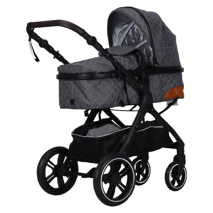 Количка за новородени 2 в 1 NOVOKIDS™ серия X1000, С бебешка чанта, Алуминиева рамка, Амортисьори, Плътни гумени колела AVE, Детска количка, 3-степенна регулируема облегалка, Мрежа против насекоми, Сива