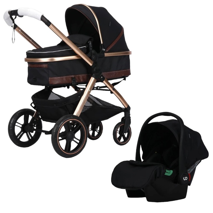Carucior nou nascuti 3 in 1 NOVOKIDS™ X2000 series, Cu geanta bebe, Cadru Aluminiu Gold, Amortizoare, Roti din cauciuc plin AVE, Landou, Scoica auto, Spatar reglabil 3 trepte, Plasa insecte, Negru