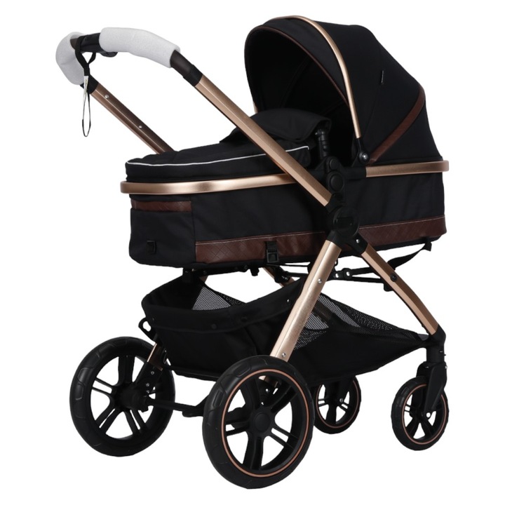 Количка за новородени 2 в 1 NOVOKIDS™ серия X2000, С бебешка чанта, Златна алуминиева рамка, Амортисьори, Плътни гумени колела AVE, Детска количка, 3-степенна регулируема облегалка, Мрежа против насекоми, Черна