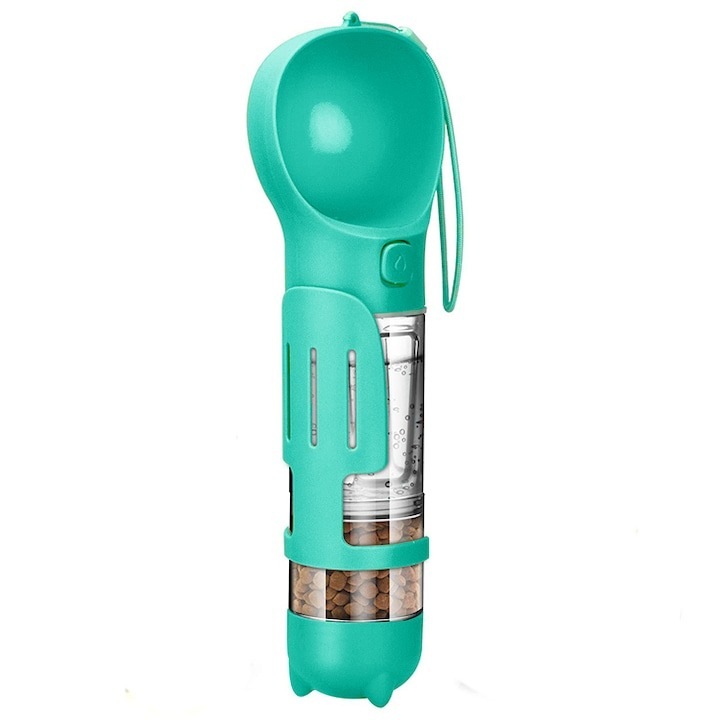 Sticla Apa si Hrana Portabila 4in1 pentru Caini, Turcoaz, 300ml