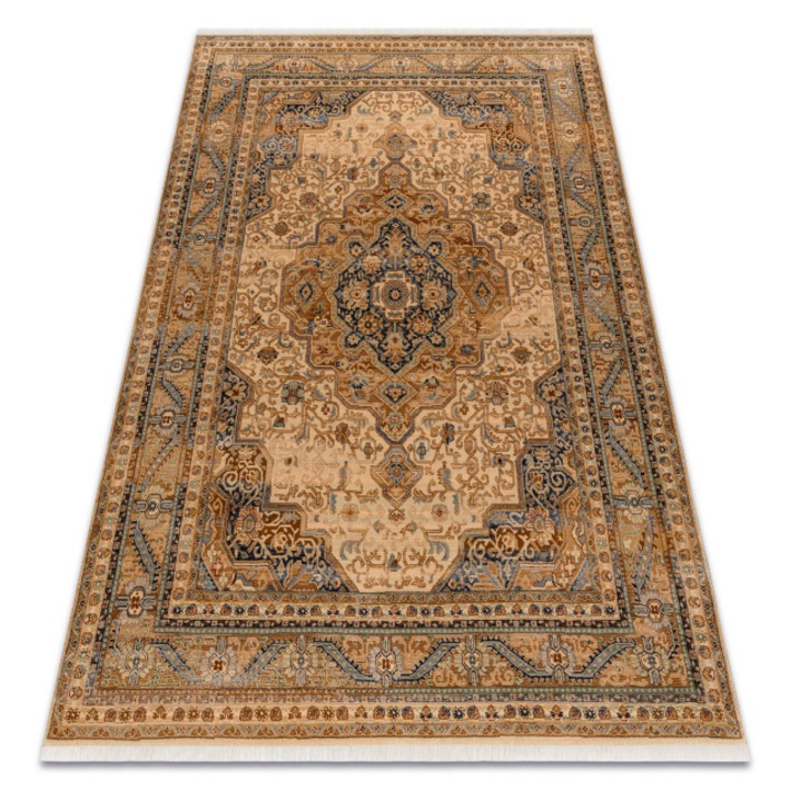 Covor lana keshan franjuri, DYWANY ŁUSZCZÓW ornament, cadru oriental 8995/53565 bej / albastru, 120x145 cm
