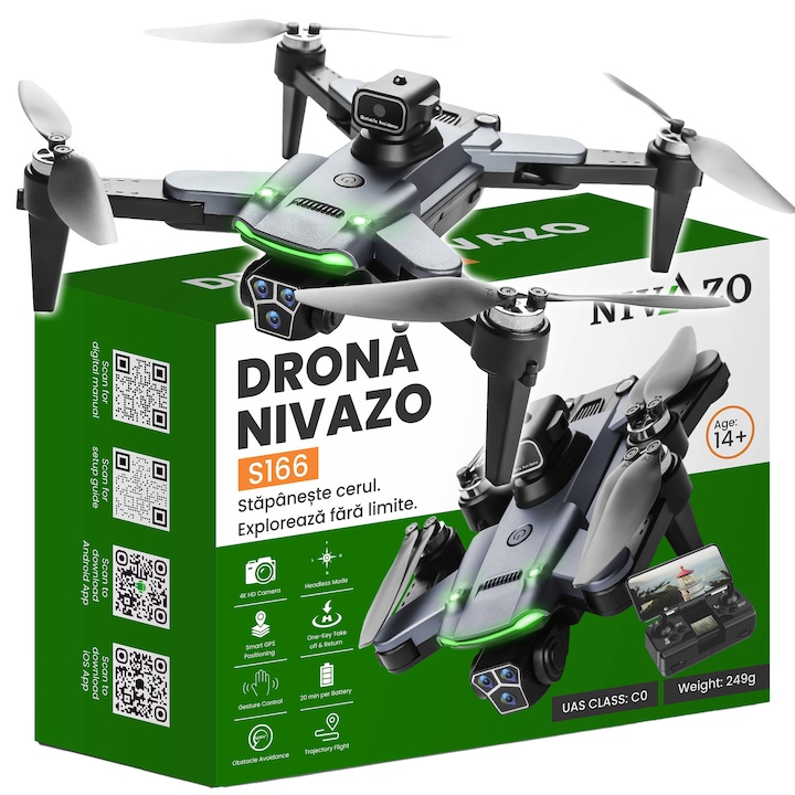 Drona Nivazo S166, rotire 360 de grade, follow me, functie de evitarea obstacolelor, 20 de minute rezistenta bateriei, camera duala 4K, gesture selfie, aplicatie mobila, filmare si fotografiere