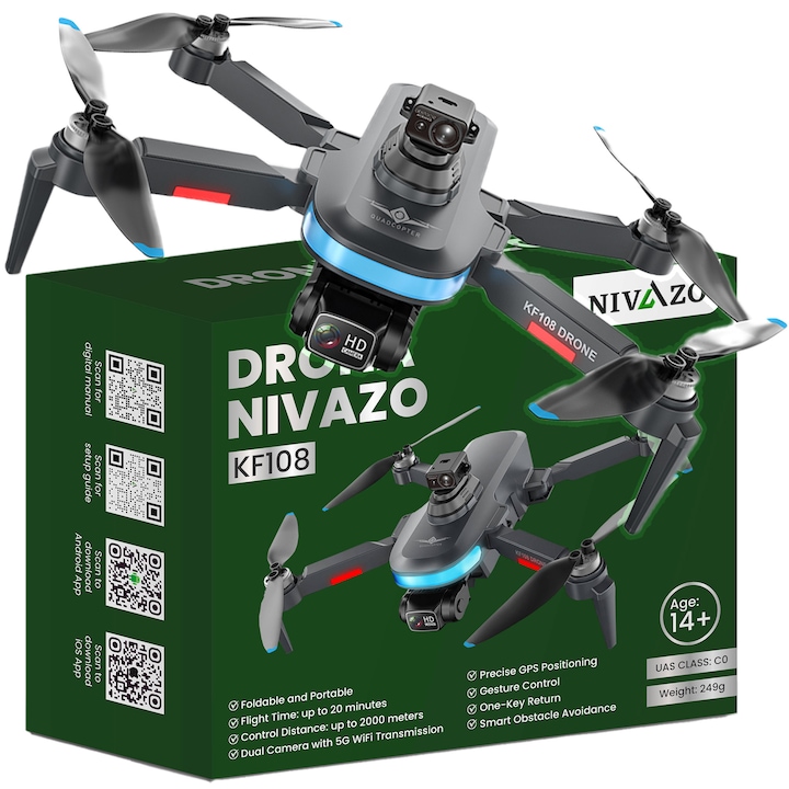 Drona Nivazo KF108, acumulator 2200mAh, follow me, functie de evitarea obstacolelor, autonomie pana la 22 minute, gesture selfie, aplicatie mobila, filmare si fotografiere